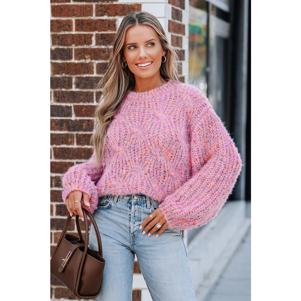 Cupshe Pink Round Neck Cable Knit Puff Sleeve Sweater